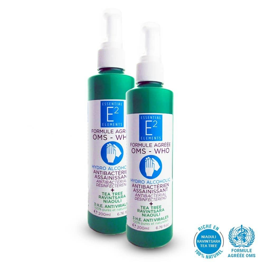 Lot de 2 Spray hydroalcoolique aux 3 Huiles Essentielles BIO (200ml) - pour Mains et Surfaces (non irritant, économique) E2 ESSENTIAL ELEMENTS