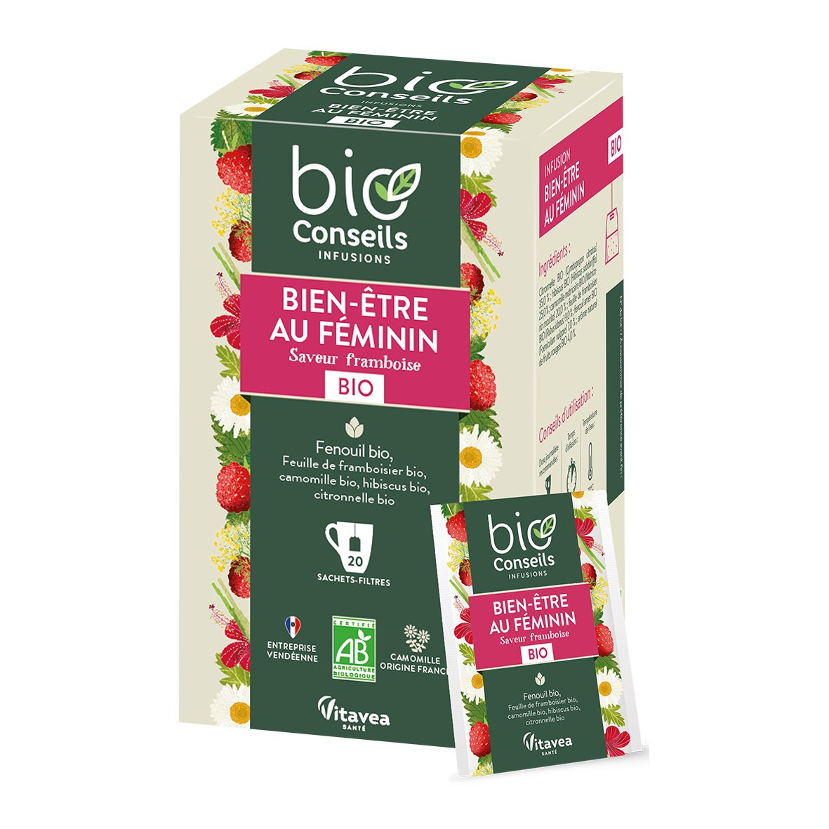 Infusion Bien-Être au féminin - saveur framboise 20 sachets Bio - BioConseils
