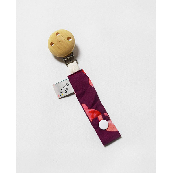 Attache sucette violet fleuri & bois naturel 100 % BIO