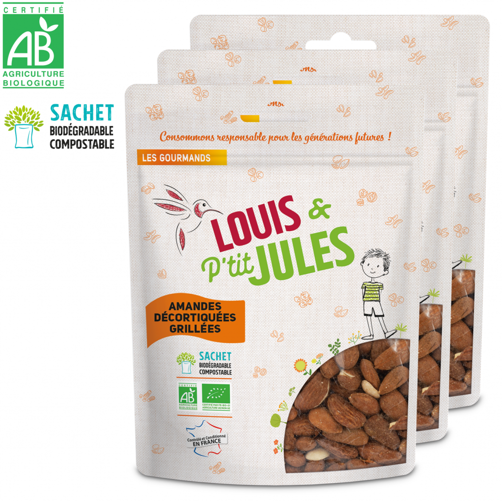 LOUIS & P'TIT JULES - Amandes Décortiquées Grillées - Lot de 3 sachets de 200g