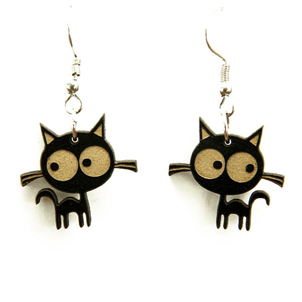 Boucles d'oreilles en bois de liège Felix le chat Noir