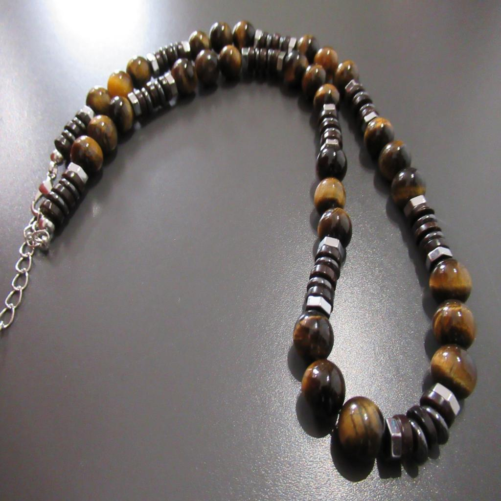 Collier homme oeil du tigre, hématite et bois