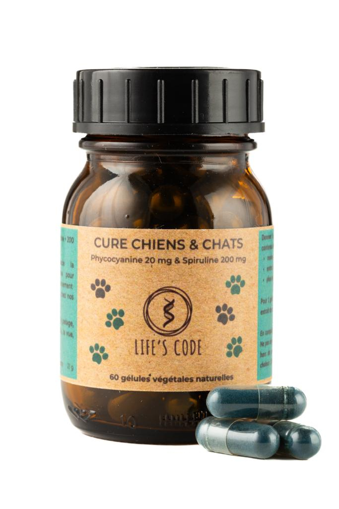 Cure chiens et chats - 200 mg Spiruline + 20 mg Phycocyanine - 60 gélules végétales