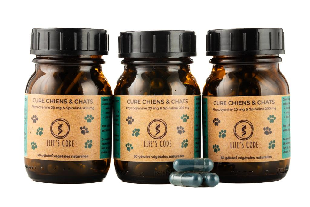 Cure chiens et chats - 200 mg Spiruline + 20 mg Phycocyanine - Lot de 3 flacons de 60 gélules végétales