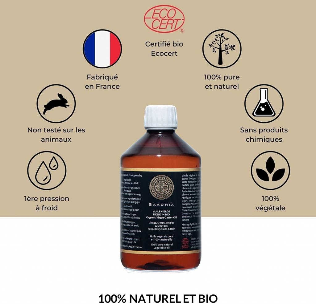 Huile De Ricin Bio Vierge Naturelle 500 Ml - 100% Pure - Origine France - Soins Cheveux & Peau