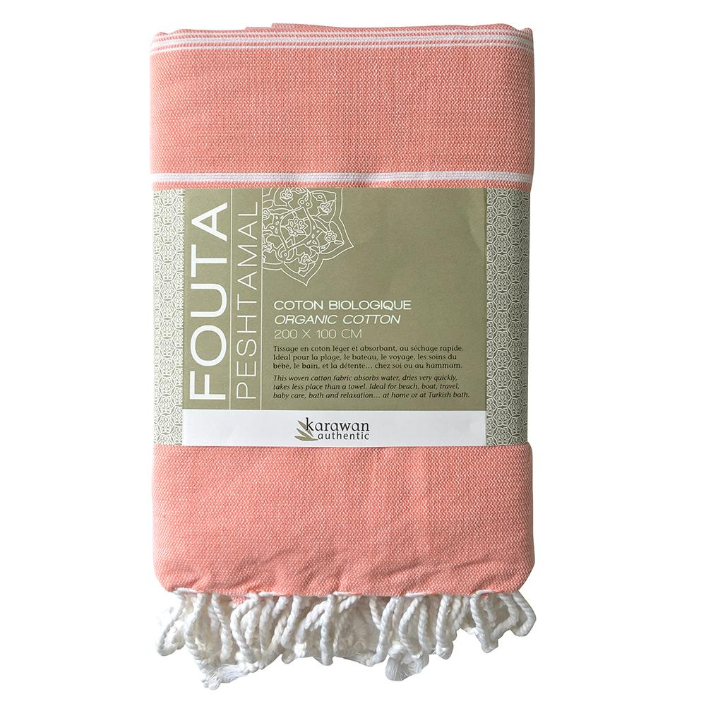 Fouta plage, hammam, coton bio, Blanc & Corail, serviette plage & bain 100x200 cm