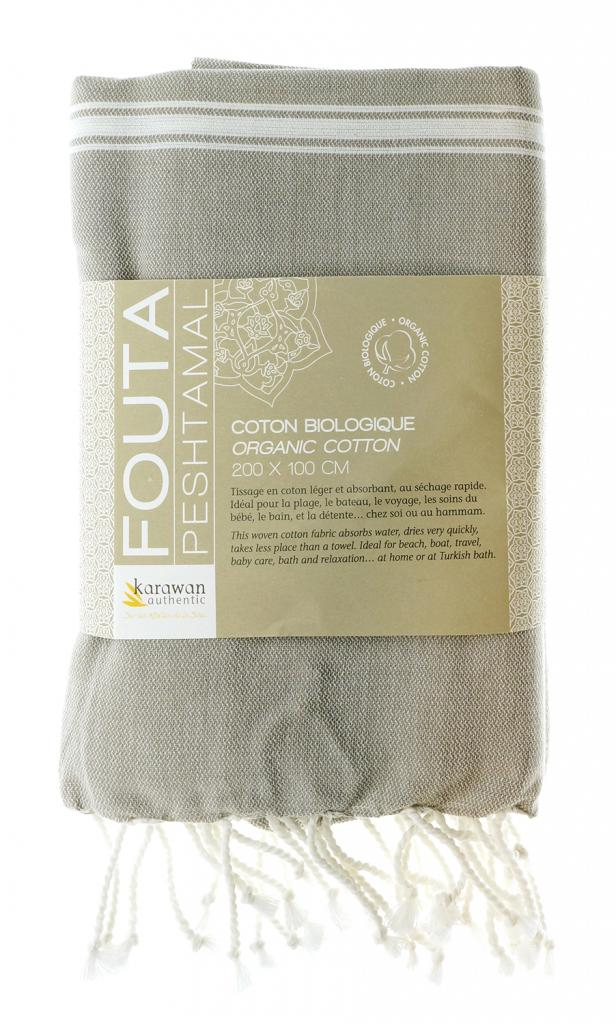  Fouta hammam coton bio, Blanc & Taupe, serviette plage & bain 100x200 cm