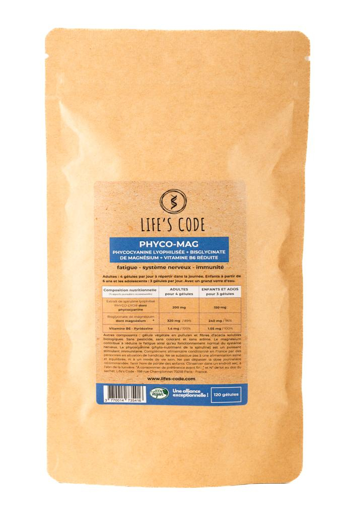 Phyco-Mag 200 : Phycocyanine lyophilisée 200 mg par dose + Magnésium bysglycinate + Vitamine B6 - 120 gélules végétales - Cure de 1 mois