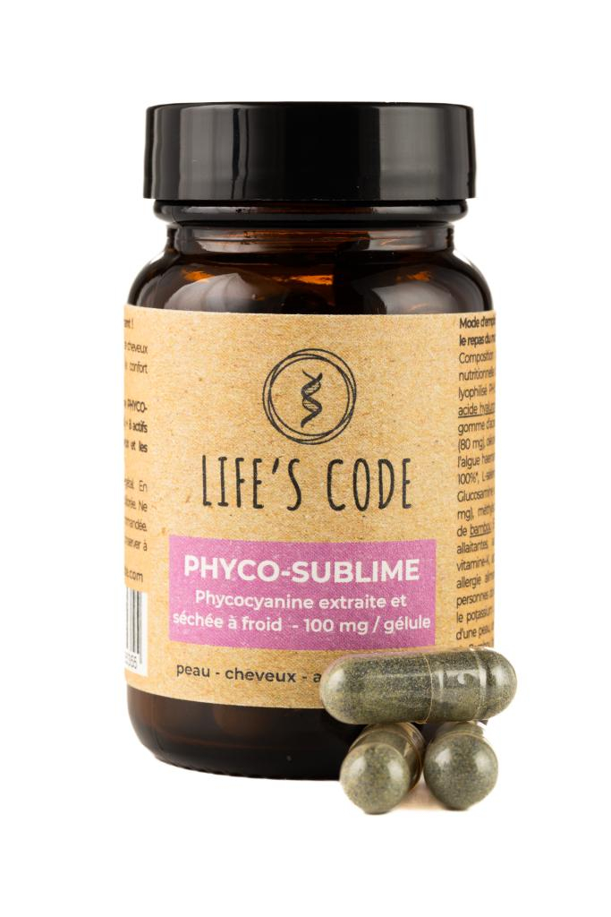 Phyco-Sublime 100 : Phycocyanine lyophilisée 100 mg par dose + 6 acteurs protégeant la peau et les articulations - 30 gélules végétales