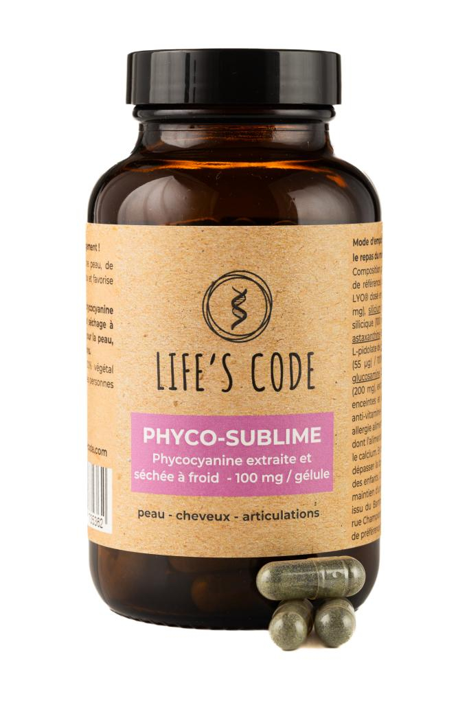 Phyco-Sublime 100 : Phycocyanine lyophilisée 100 mg par dose + 6 acteurs protégeant la peau et les articulations - 90 gélules végétales