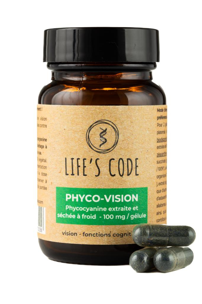 Phyco-Vision 100 : Phycocyanine lyophilisée 100 mg par dose + 7 actifs majeurs de la santé oculaire - 30 gélules végétales