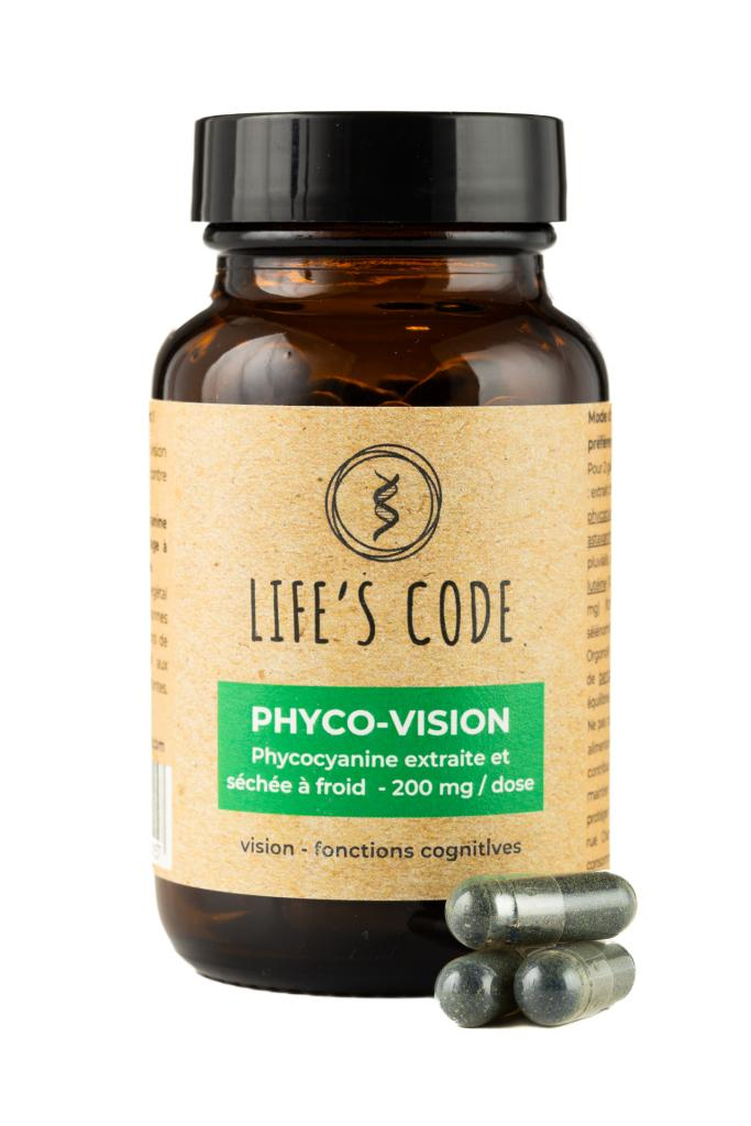 Phyco-Vision 200 : Phycocyanine lyophilisée 200 mg par dose + 7 actifs majeurs de la santé oculaire - 60 gélules végétales - Cure de 1 mois