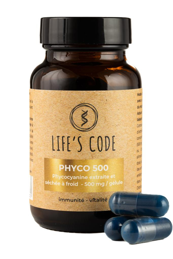 PHYCO 500 : Phycocyanine lyophilisée nature 500 mg par gélule - 30 Gélules végétales - Cure de 1 mois
