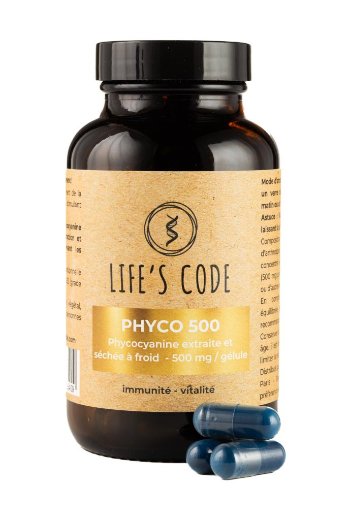 PHYCO 500 : Phycocyanine lyophilisée nature 500 mg par gélule - 90 Gélules végétales - Cure de 3 mois