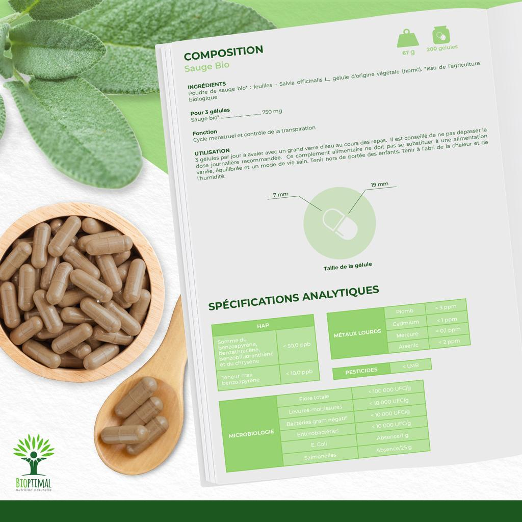 Complément Alimentaire Sauge BIO - 120 Gélules - Aide Au Bien-être Hormonal & Ménopause - Fabriqué En France