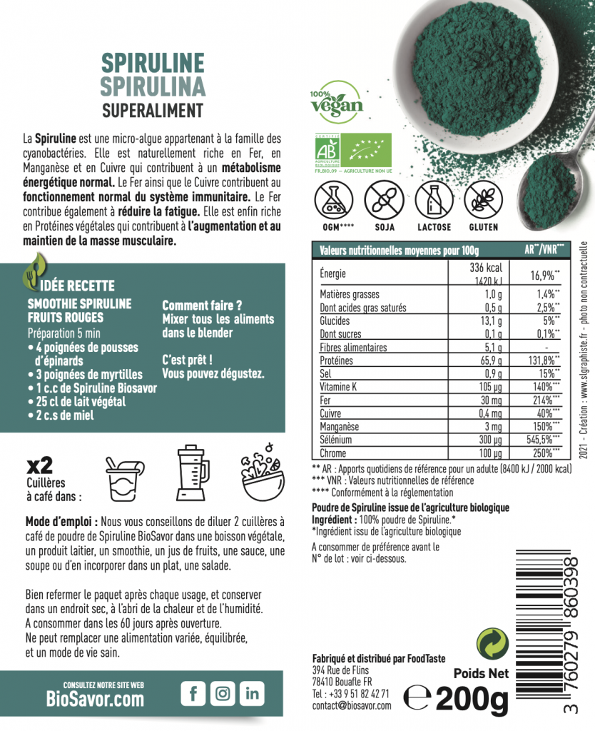 Poudre De Spiruline Bio ESPRIT BIO - 200g - Superaliment Riche En Protéines