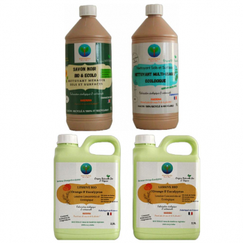 Pack 4 produits détergents : 2 lessives 5L + 2 nettoyants sols et surfaces 100% Naturels, Vegan