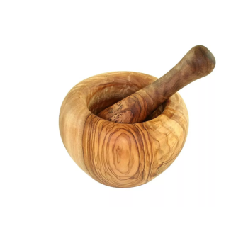 Mortier rond avec pilon en bois d'olivier Ø 12 cm