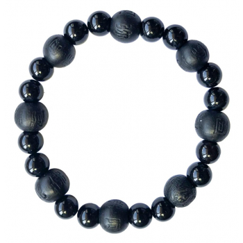 Bracelet Onyx Perles rondes 8 mm et Perles bois teinté noir 1 cm