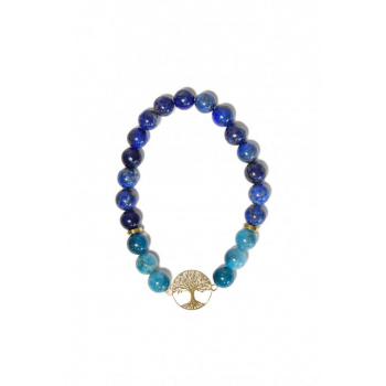 Bracelet Perles rondes 8 mm Lapis-Lazuli et Apatite Charm Arbre de vie