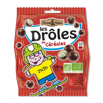 Drôles de céréales enrobées de chocolat au lait 100g bio - Saveurs et Nature