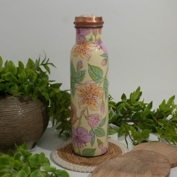 Bouteille d’eau en cuivre pur imprimé floral vert/rose/blanc ± 950 ml
