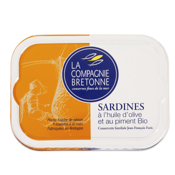 Sardines à l'huile d'olive bio et au piment bio 1/6P25, 115 g