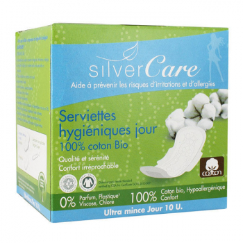 SILVERCARE - Serviette hygiénique Ultra fine Jour coton bio - 10 serviettes