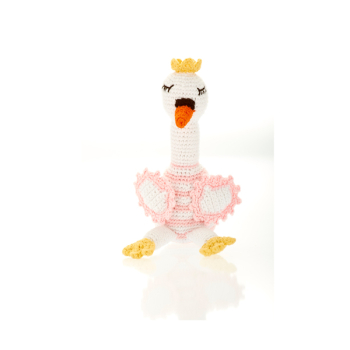 Cygne rose - hochet en crochet de coton équitable Pebble