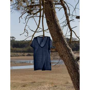 T-shirt femme manches courtes col en V 100% jersey de lin, bleu velouté