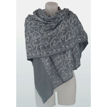 Étole en cachemire avec broderies traditionnelles - Gris broderies blanches