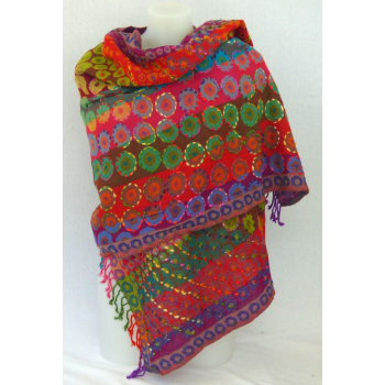 Étole, laine bouillie brodée main à motifs géométriques - Multicolore bord violine