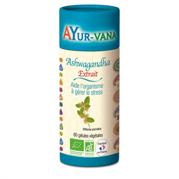Pilulier de 60 gélules d'Ashwagandha bio en extrait de la marque AYur-vana