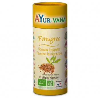 Pilulier de 60 gélules de fenugrec bio de la marque Ayur-vana