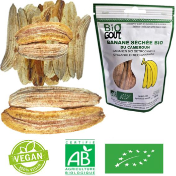 Banane séchée bio 1kg , lot de 10x100g, sans sucre ajouté, sans conservateurs, sans colorants et ni de synthèses