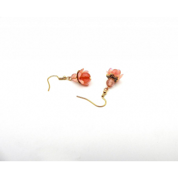 Boucles d'oreilles fleurs gemmes quartz cerise