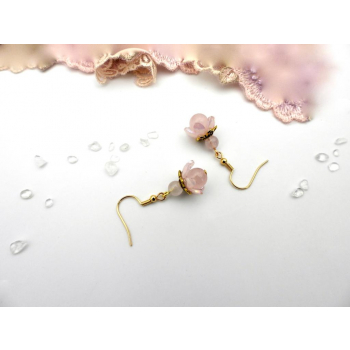 Boucles d'oreilles fleurs gemmes quartz rose