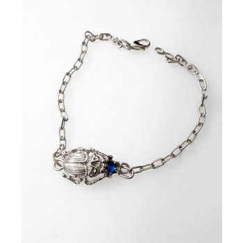Bracelet chaîne réglable scarabée et cristal bleu argent massif