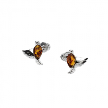 Boucles d'oreilles colombes en ambre de la Baltique sur argent rhodié.