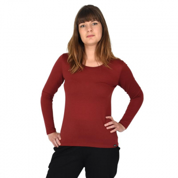 T-shirt femme manches longues col O rouge brique pure laine merinos