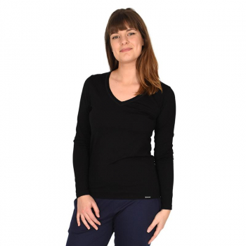 T-shirt femme manches longues col V - noir en pure laine mérinos