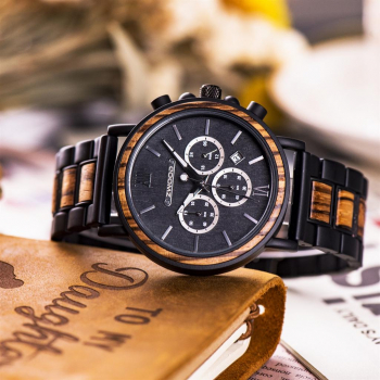 Montre Bois pour Homme - ébène et Palissandre - Mouvement Quartz - Cadeau écologique et Original pour Homme 