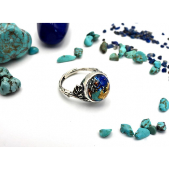 Bague orgonite ronde lapis lazuli et turquoise feuille