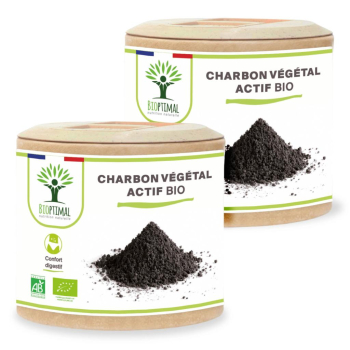 Charbon végétal actif Bio - Complément alimentaire - Digestion Gaz Ventre plat - Fabriqué en France - Certifié écocert - 2X60 gélules