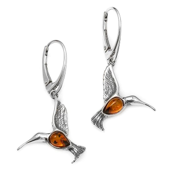 Magnifiques boucles d’oreilles colibri en ambre et argent - Bijoux unique