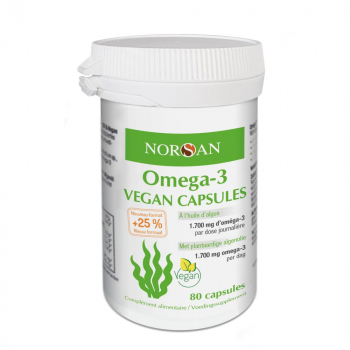 NORSAN Omega-3 VEGAN CAPSULES | 1700 mg d'oméga-3 par jour | Huile d'algue 100% végane | Boîte de 80 capsules