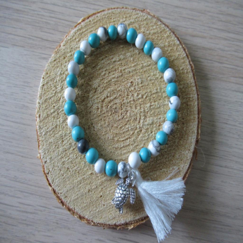 Bracelet en pierre de Howlite blanche et turquoise pompon et tortue