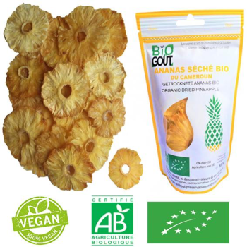 Ananas séché bio 1kg, 10 x 100g,  sans sucre ajouté, sans conservateurs, ni de colorants, ni de synthèses
