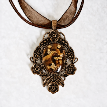 Pendentif orgonite ovale baroque oeil de tigre couleur bronze