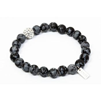 Bracelet perles obsidienne flocon de neige et strass